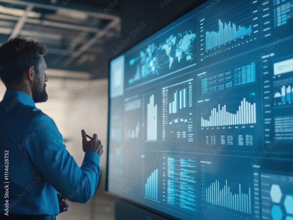 Poster a business person in a blue shirt presenting data analytics on a large screen in a modern office set