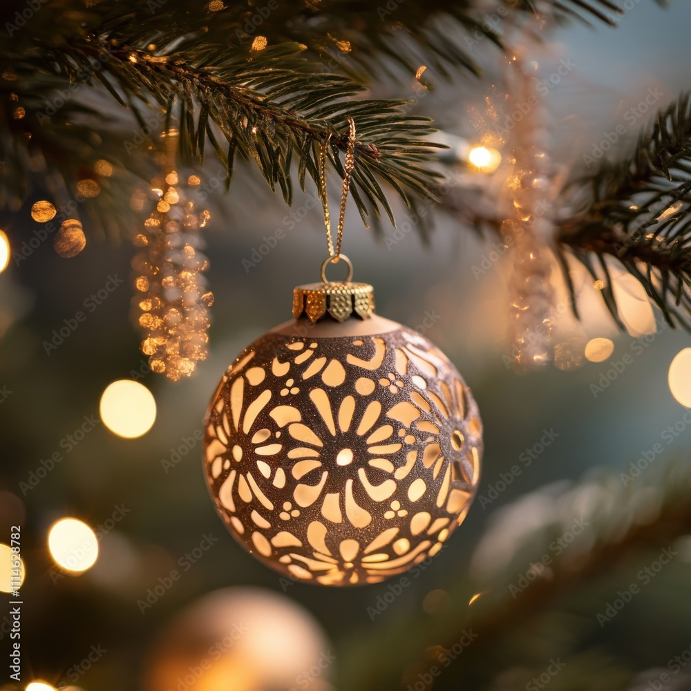 Poster a close-up view of a beautifully detailed christmas ornament hanging from a tree branch, adorned wit