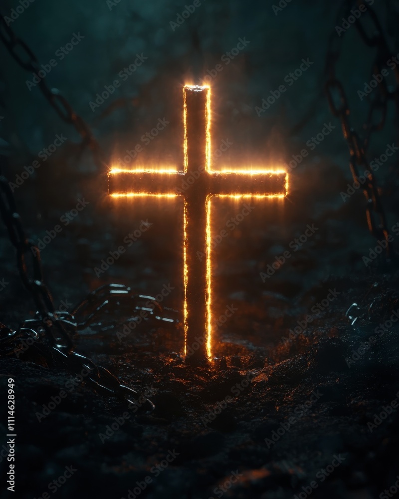 Poster a glowing cross illuminates a dark, mysterious setting surrounded by chains during twilight hours ev