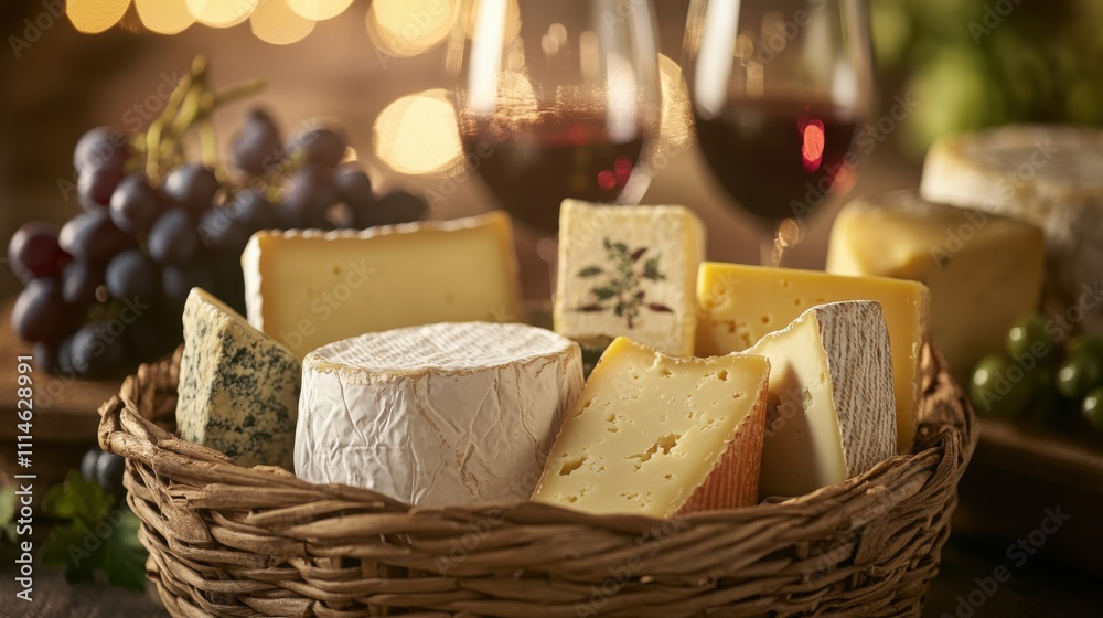Poster indulgent cheese basket at an elegant wine and cheese event set against a warm, inviting backdrop of