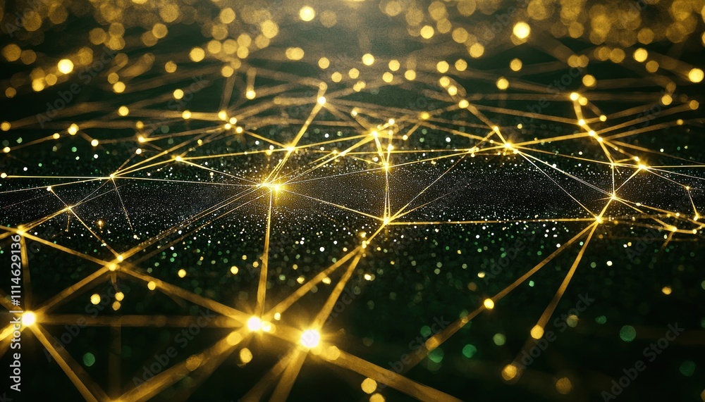 Poster abstract network of golden lines and lights on a glittering dark green background