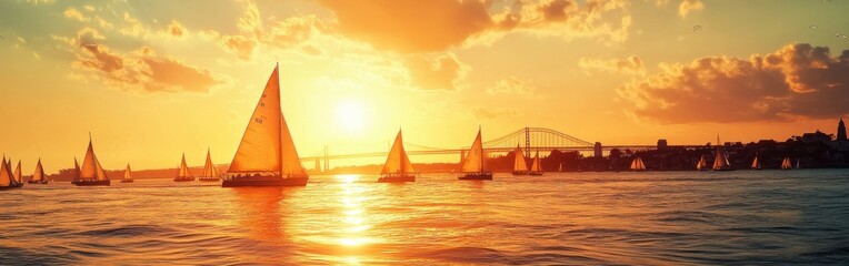 Naklejka premium A stunning sunset over calm waters with sailboats gliding peacefully beneath a golden sky near the bridge