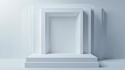 Obraz premium Minimalist white geometric display podium with recessed niche and steps.