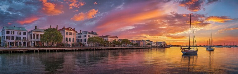 Naklejka premium Enjoy a stunning sunset over historic Charleston’s waterfront with sailboats lining the serene harbor