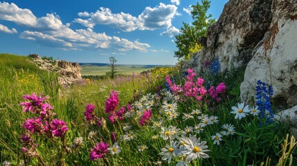 Obraz premium A stunning view of colorful wildflowers blooming in Wind Cave National Park on a sunny day, showcasing nature's beauty in South Dakota