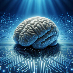 3D rendering of a human brain on a circuit board. Multiple lines and dots, representing the electrical components of the brain.The overall effect is 
that of a futuristic and technological landscape.