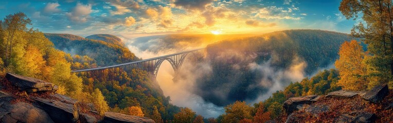 A stunning autumn sunrise over the New River Gorge with fog enveloping the landscape and bridge