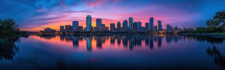Obraz premium Stunning Dallas skyline illuminated by sunset with reflections on the tranquil water