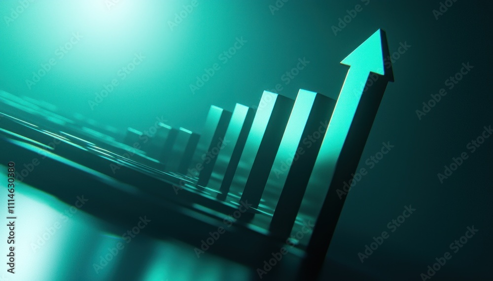 Poster Teal 3D Bar Graph With Arrow Pointing Upward