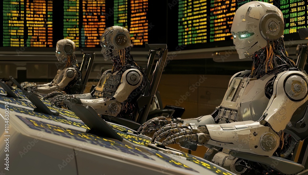 Aufkleber three androids working at a futuristic control panel