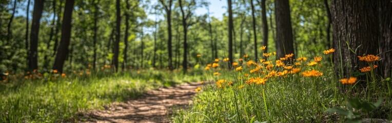 A peaceful trail lined with vibrant orange flowers in the lush woods of Mark Twain National Forest during a sunny day