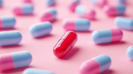  Red Pill Standing Out Among Blue Pills on a Pink Surface