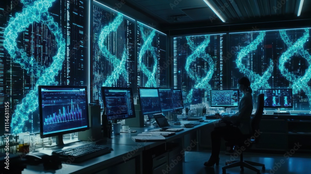 Aufkleber A scientist working late in a laboratory with digital displays showcasing genetic data