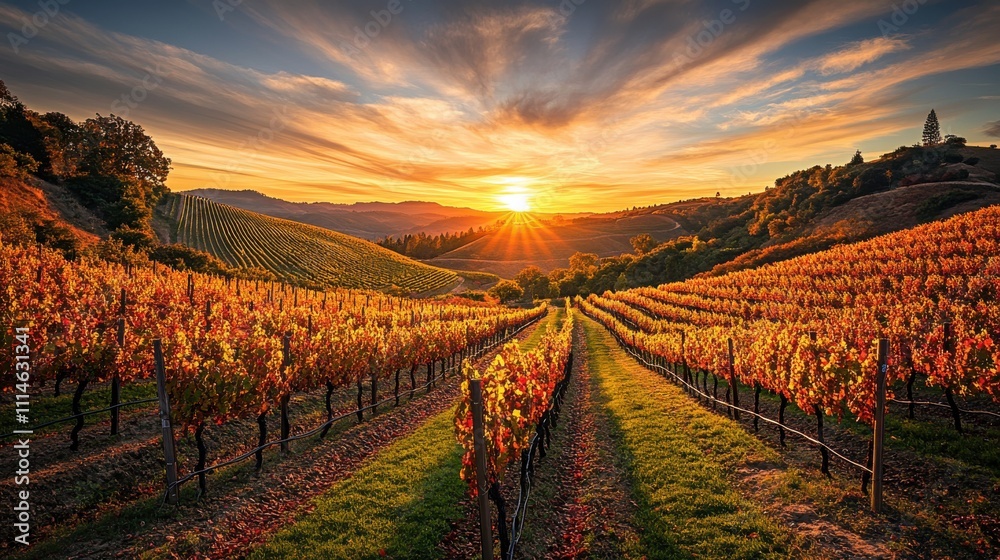 Poster a stunning sunset view over the vibrant vineyards in napa valley showcasing rows of grapevines under