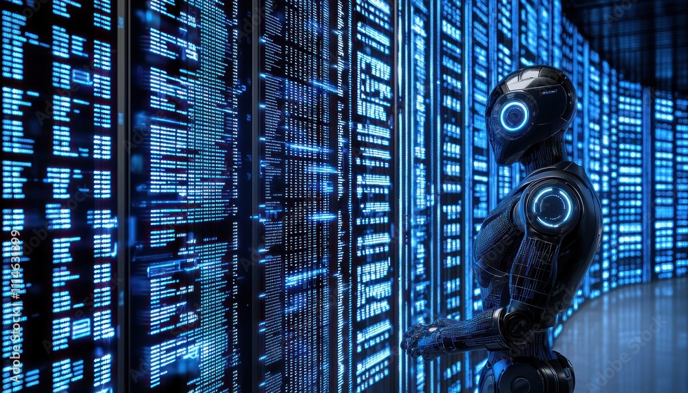 Poster Futuristic Robot Interacting with Data in a Server Room