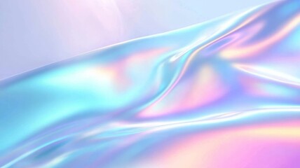 Abstract fluid holographic iridescent glossy texture background. Shiny metallic wavy synthwave retro pastel rainbow backdrop.