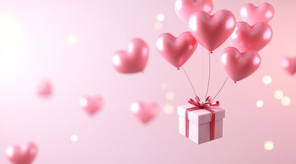 Pink heart balloons lift a gift box. (1)