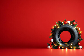 Car tires decorated with Christmas lights on red background, car parts shop Christmas theme background