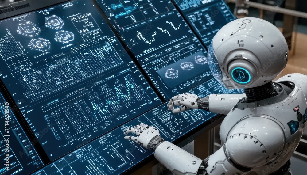 Aufkleber A humanoid robot analyzing data on multiple digital screens