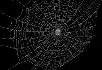 A detailed spider web with intricate patterns against a dark background