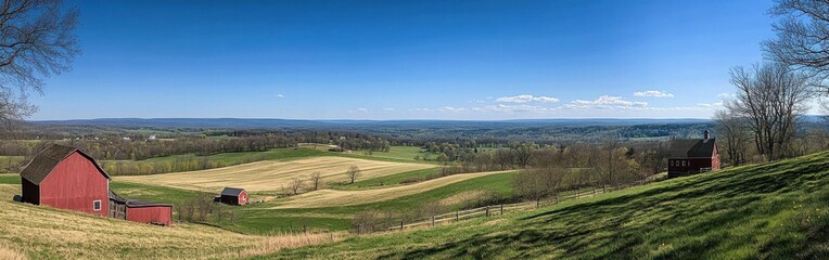 Fototapeta premium A serene panorama of rolling hills under a clear blue sky with red barns dotting the landscape in the countryside