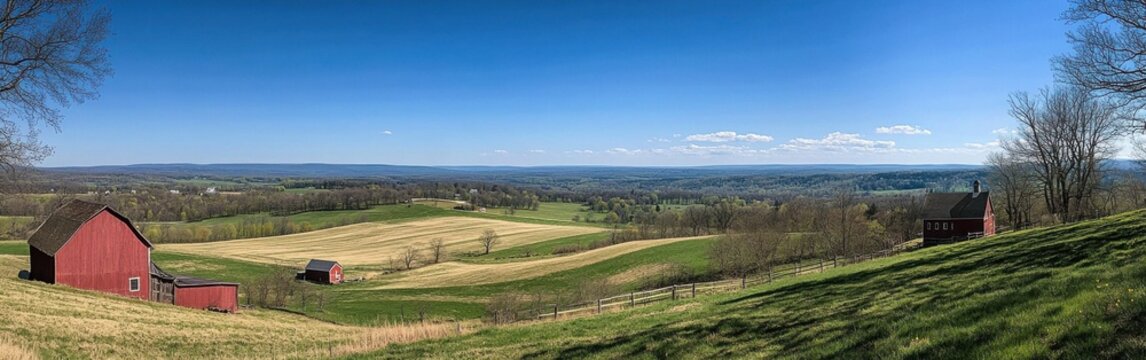 A serene panorama of rolling hills under a clear blue sky with red barns dotting the landscape in the countryside