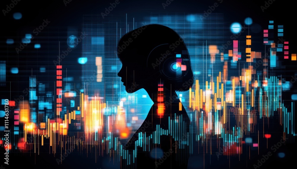 Poster silhouette of a person against a background of data and technology