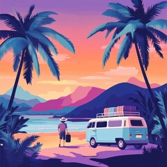 Man with luggage at beach sunset, van parked nearby, palm trees, mountains.