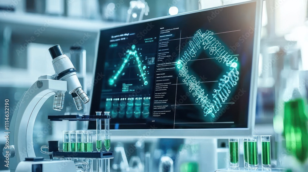 Aufkleber A Modern Laboratory with a Microscope and a Computer Screen Displaying a Molecular Structure