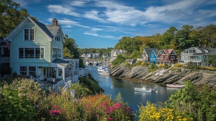 Historic Perkins Cove offers stunning waterfront views with colorful homes and boats surrounded by natural beauty and vibrant flowers