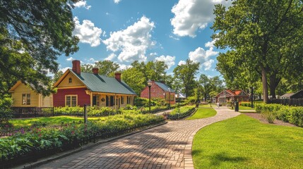 A picturesque view of historic grounds featuring colorful buildings and lush gardens under a bright sky