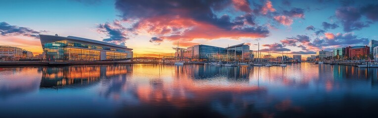 Captivating Maryland Science Center at sunset with vibrant clouds reflecting on the harbor water