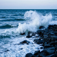 A captivating scene of waves crashing against a rocky shore, sending up a spray of seawater, with the horizon visible in the distance where the sea meets the sky.