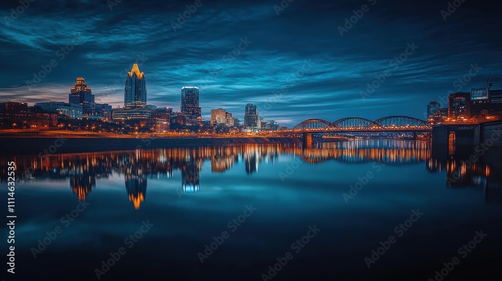 Poster a stunning twilight view of the cincinnati skyline with vibrant reflections on the water below and i