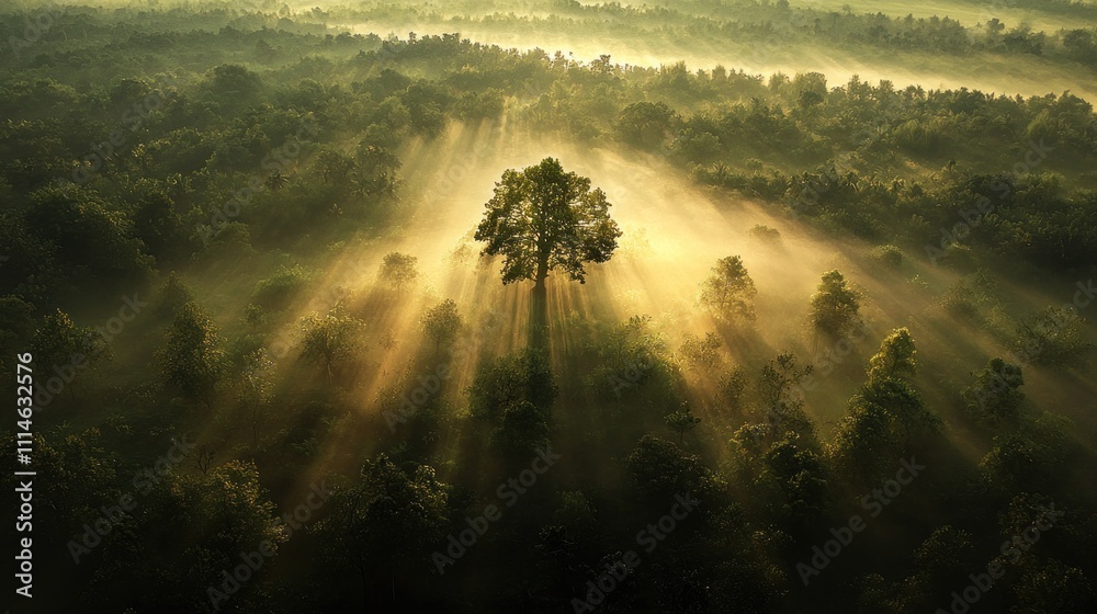 Poster Sunlight Rays Illuminating a Single Tree in a Foggy Forest