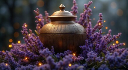 Ornate metal urn surrounded by lavender flowers. Concept for funeral, cremation, and floral tribute