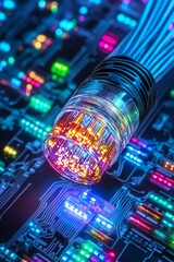 Close-up of glowing fiber optic cables connected to circuit board, showcasing digital data flow.