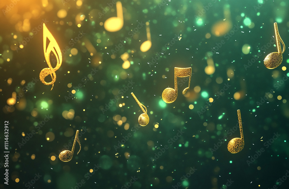Poster Floating musical notes create a vibrant atmosphere of rhythm and harmony in a colorful background