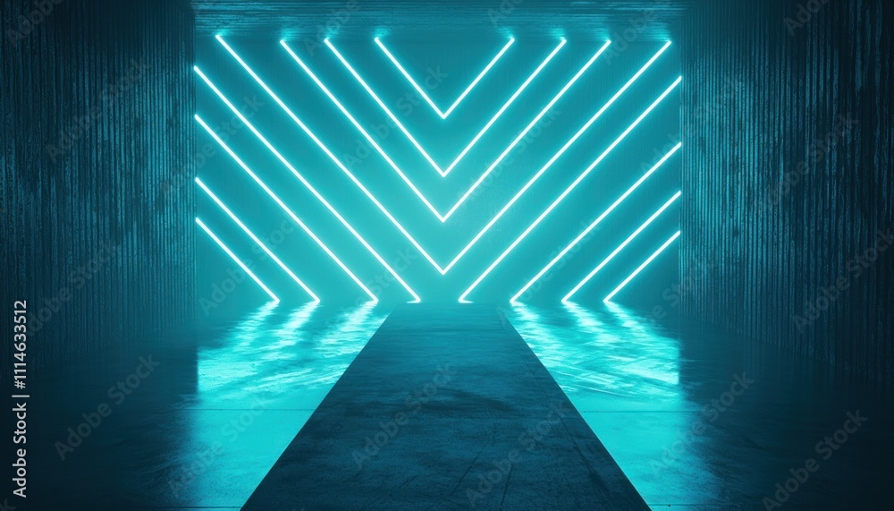 Poster a concrete pathway illuminated by a cyan neon light pattern