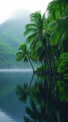 Obraz premium A calm lagoon reflecting the surrounding tropical jungle, with the morning mist lingering over the water.