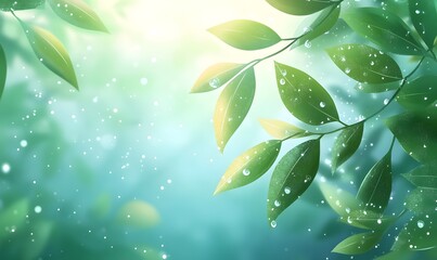 Obraz premium Lush green leaves with water droplets, sunlight bokeh background.