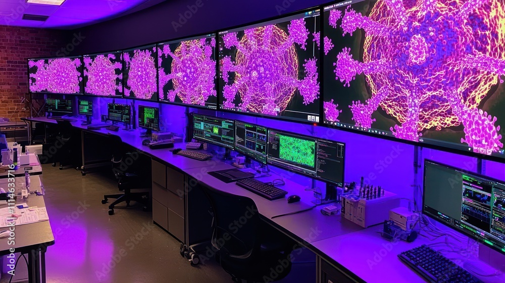 Poster A computer lab with multiple monitors displaying scientific images of cell structures
