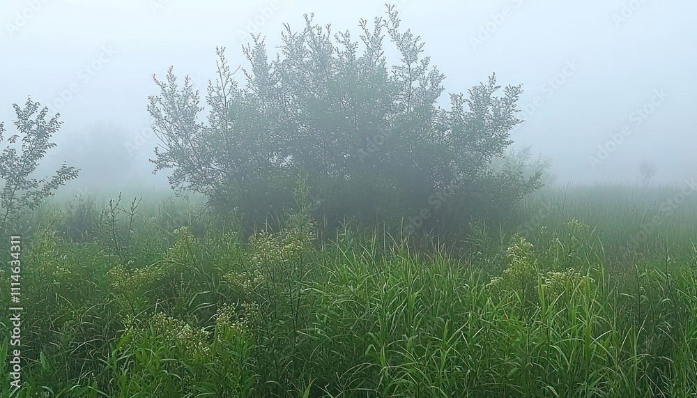 Aufkleber foggy meadow with a tree in the background