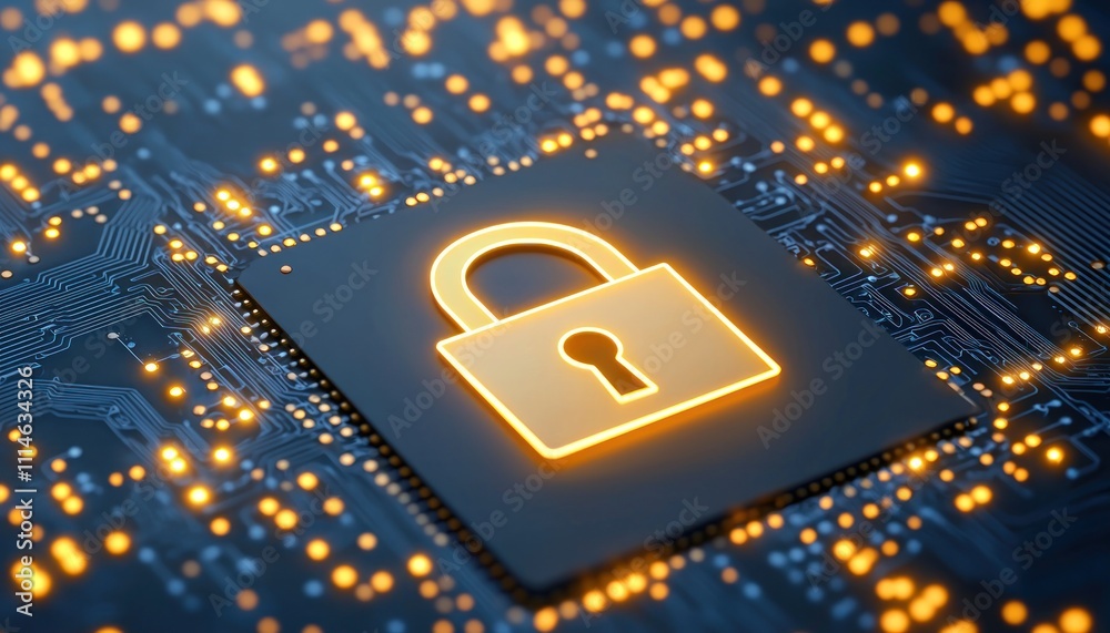 Poster glowing padlock symbol on a circuit board