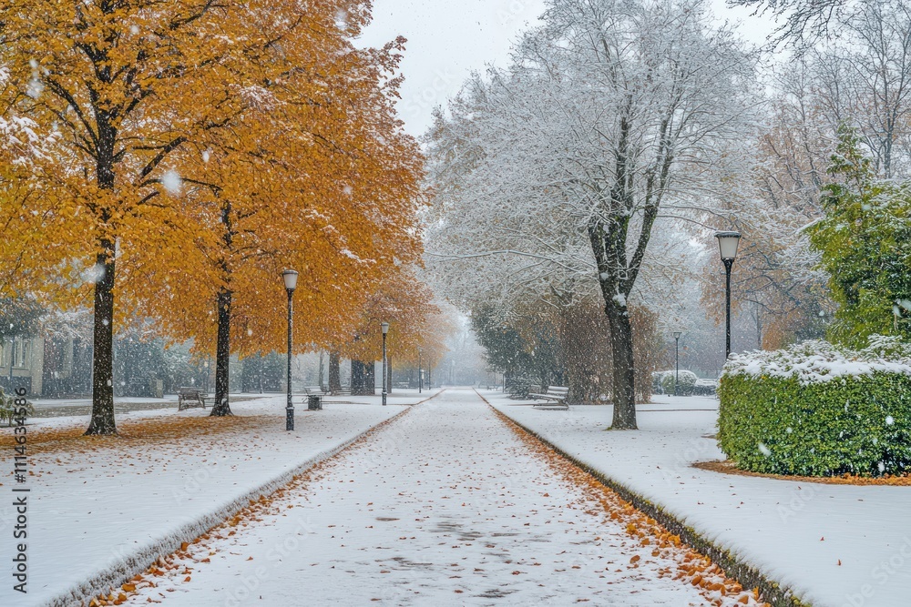 Poster snowy pathway through autumnal trees in a park