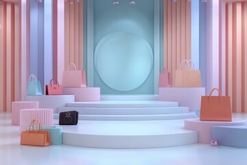 Luxury Shopping Bags. Luxury shopping bags displayed on pastel stage with modern minimalistic background, ideal for retail promotions, fashion events, online stores, product launches, and elegant gif