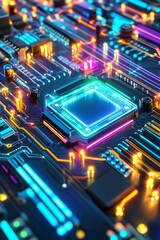 Obraz premium Colorful circuit board with glowing components and complex pathways.