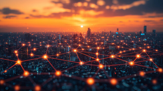 A futuristic smart city illuminated by vibrant glowing network connections at sunset, symbolizing technology and connectivity