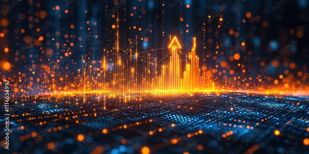 Poster digital trading graph displaying rising trends with glowing elements in a futuristic setting
