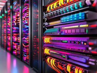 Colorful data servers with glowing cables in a modern technology center.